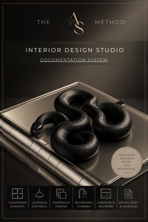 Interior design documentation Canva template by A SPACE Method for designers to create professional client presentations, selections, renovation plans, and project documentation.